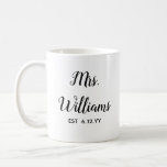 Personalized Mrs Est Your Date Bride Gift Custom Coffee Mug<br><div class="desc">personalized mrs est your date,  engagement gift for bride wedding,  present for bride wedding gift,  monogram last name newlywed modern,  bachelorette party mrs newly engaged,  bridal shower recently married mug,  cute black and white typography,  bride mug fiancee birthday gift,  custom personalize her calligraphy cup,  just married trendy simple script</div>