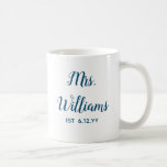 Personalized Mrs Est Your Date Bride Gift Custom Coffee Mug<br><div class="desc">personalized mrs est your date,  engagement gift for bride wedding,  present for bride wedding gift,  monogram last name newlywed modern,  bachelorette party mrs newly engaged,  bridal shower recently married mug,  cute blue and white typography,  bride mug fiancee birthday gift,  custom personalize her calligraphy cup,  just married trendy simple script</div>