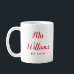 Personalized Mrs Est Your Date Bride Gift Custom Coffee Mug<br><div class="desc">personalized mrs est your date, engagement gift for bride wedding, present for bride wedding gift, monogram last name newlywed modern, bachelorette party mrs newly engaged, bridal shower recently married mug, cute Christmas red and white typography, bride mug fiancee birthday gift, custom personalize her calligraphy cup, just married trendy simple script...</div>