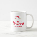Personalized Mrs Est Your Date Bride Gift Custom  Coffee Mug<br><div class="desc">personalized mrs est your date, engagement gift for bride wedding, present for bride wedding gift, monogram last name newlywed modern, bachelorette party mrs newly engaged, bridal shower recently married mug, cute Christmas red and white typography, bride mug fiancee birthday gift, custom personalize her calligraphy cup, just married trendy red simple...</div>