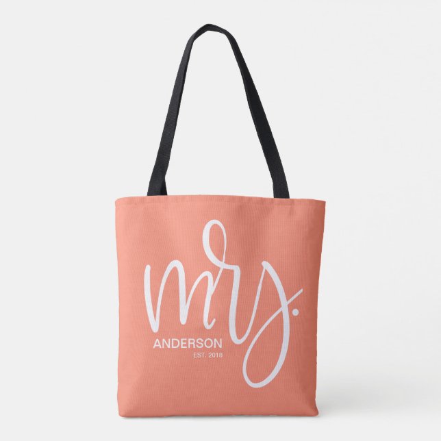 Personalized Mrs. ESTABLISHED Coral and white Tote Bag (Back)