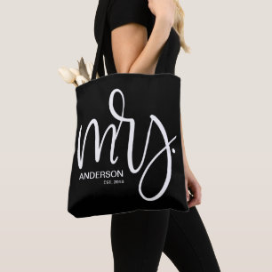 Personalized Mrs. ESTABLISHED - white on black Tote Bag