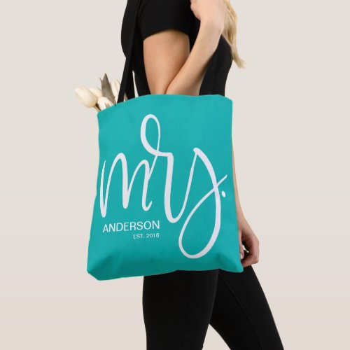 Personalized Mrs ESTABLISHED _ White on Teal Tote Bag