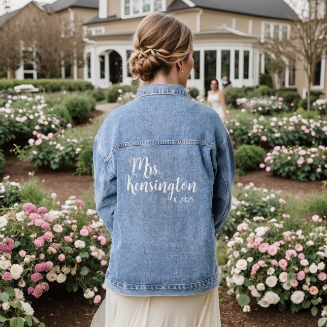 Personalized Mrs Last Name Wedding Bridal Denim Jacket (Wedding Back)