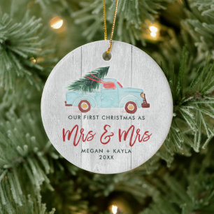 Personalized Mrs & Mrs Lesbian Couple Pickup Truck Ceramic Ornament
