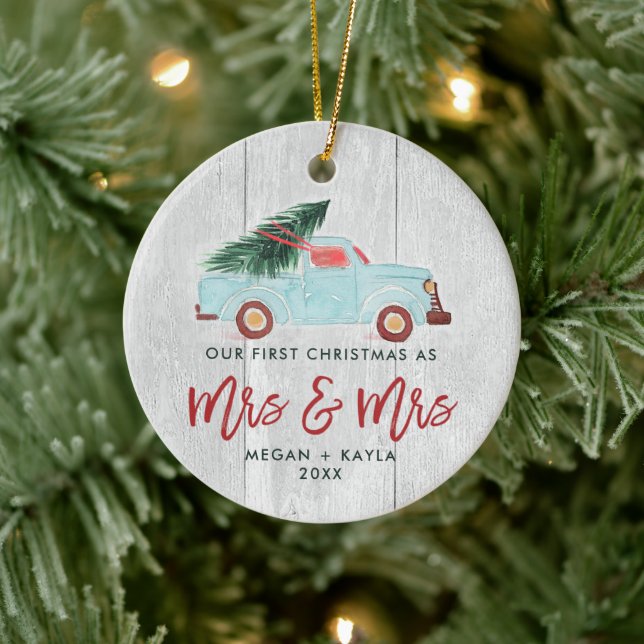 Personalized Mrs & Mrs Lesbian Couple Pickup Truck Ceramic Ornament (Tree)