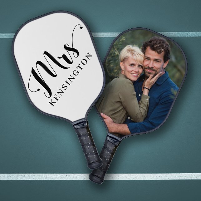 Personalized Mrs Newlywed Typography Photo Pickleball Paddle (Personalized Mrs Pickleball Paddle with Photo on the Back)