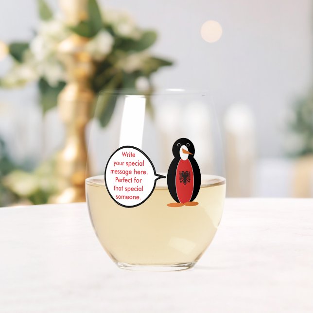 Personalized Ms. Penguin Albania Stemless Wine Glass (Insitu (Wedding))