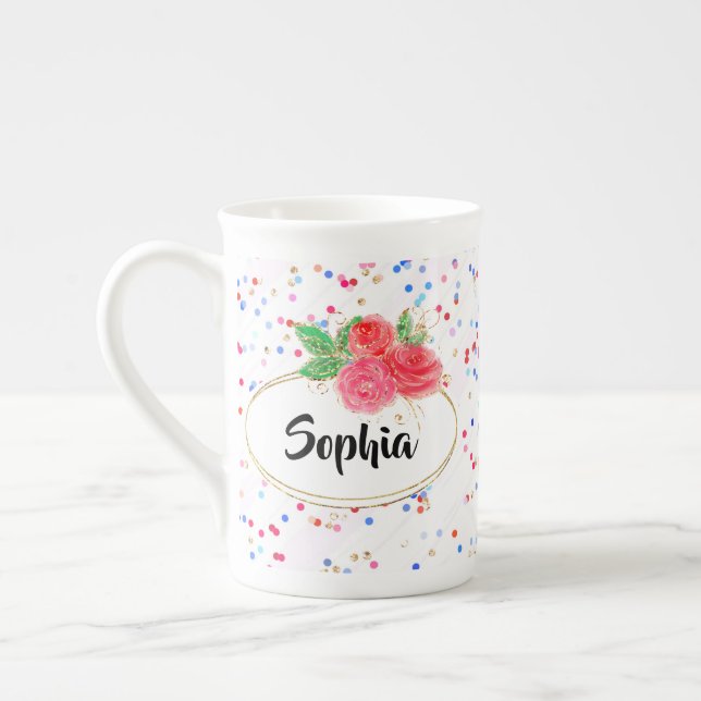 Personalized mug, glitter flower cup, custom name bone china mug (Left)