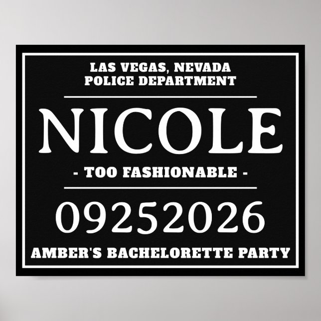 Personalized Mug Shot Signs, Bachelorette Party Poster (Front)