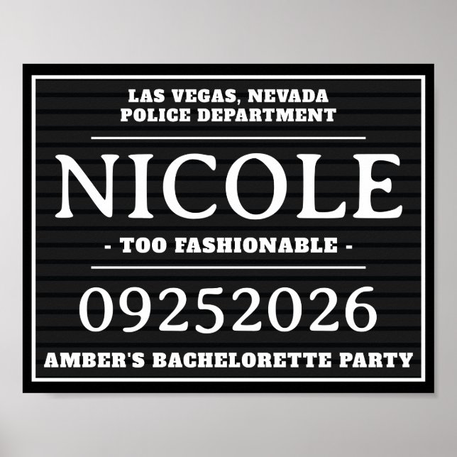 Personalized Mug Shot Signs, Bachelorette Party Poster (Front)