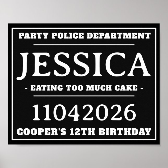 Personalized Mug Shot Signs, Birthday Party Poster (Front)