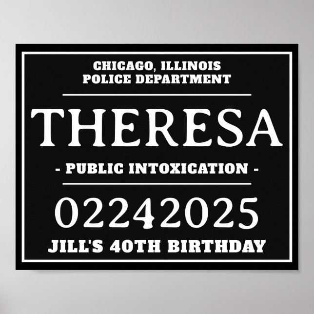 Personalized Mug Shot Signs, Birthday Party Poster (Front)