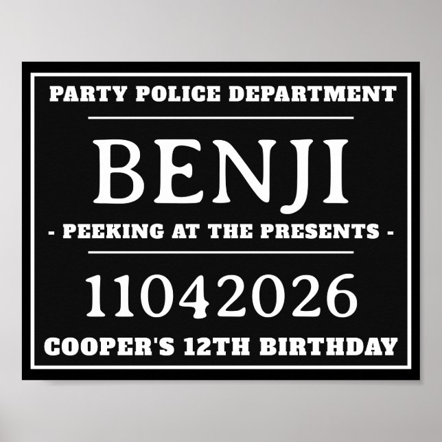 Personalized Mug Shot Signs, Birthday Party Poster (Front)