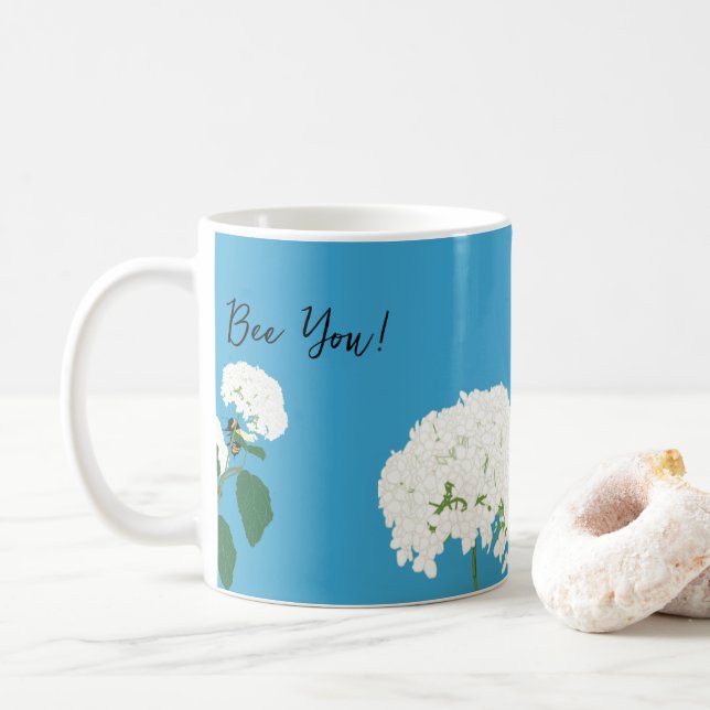 Personalized mug with hydrangeas and bees (With Donut)