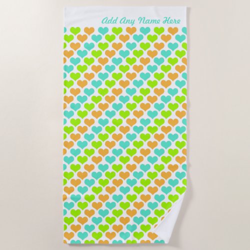 Personalized Multi-Colored Hearts Beach Towel - Add any name to this cute multi-colored heart pattern beach towel for a perfect gift