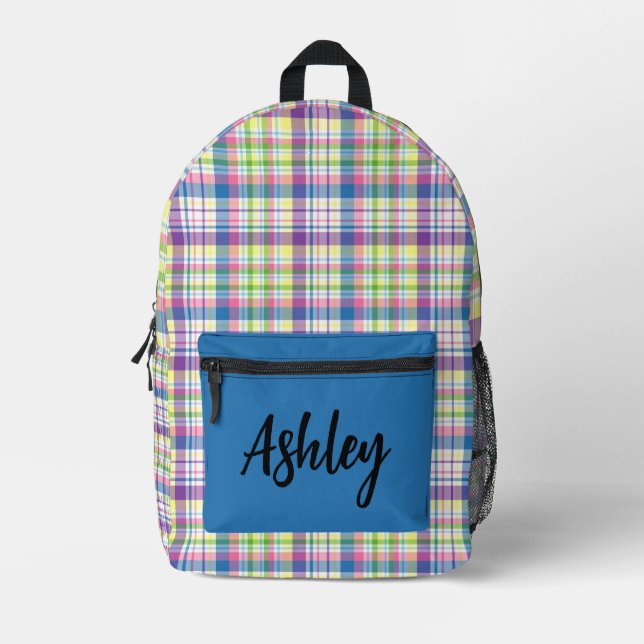 Personalized  Multi-Colored Plaid  Printed Backpack (Front)