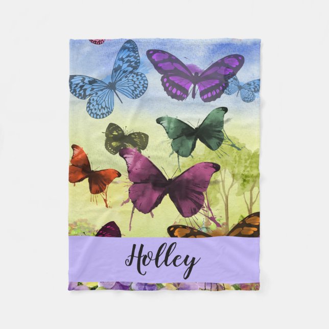 Personalized Multicolor Butterfly Watercolor Fleece Blanket (Front)