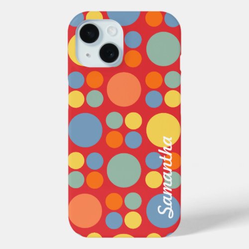 Personalized Multicolor Dots on Poppy Red iPhone 15 Case