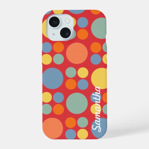 Personalized Multicolor Dots on Poppy Red iPhone 15 Case
