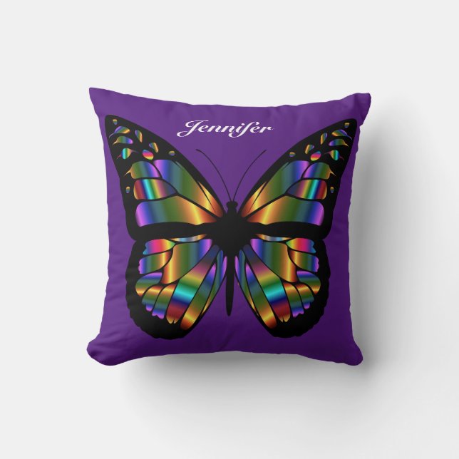 Personalized Multicolored  Butterfly On Purple Throw Pillow (Front)