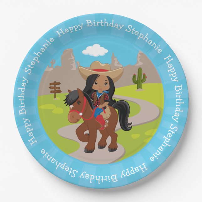 Personalized Multicultural Birthday Cowgirl Paper Plates (Front)