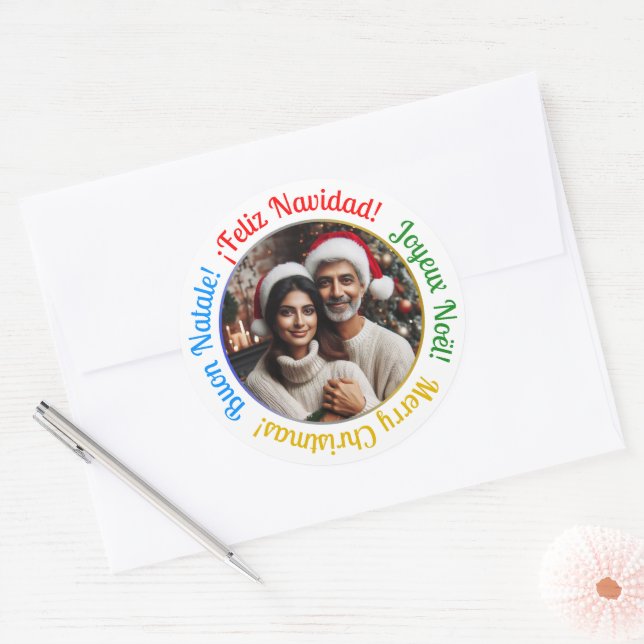 Personalized Multilingual Merry Christmas Photo  Classic Round Sticker (Envelope)