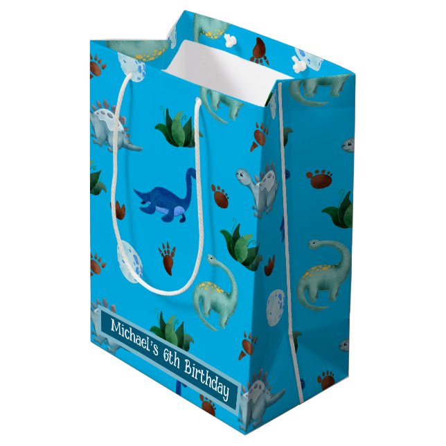 Personalized Multiple Dino Species in Turquoise Medium Gift Bag (Back Angled)