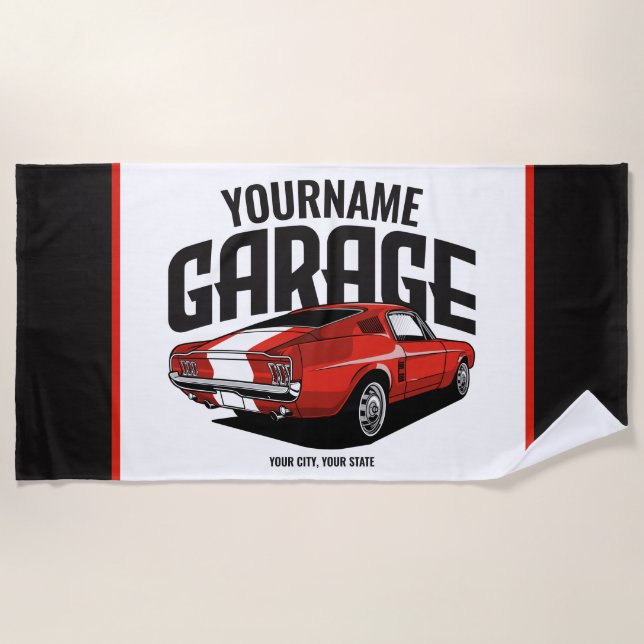 Personalized Muscle Car 1967 Red Fastback Garage  Beach Towel (Front)