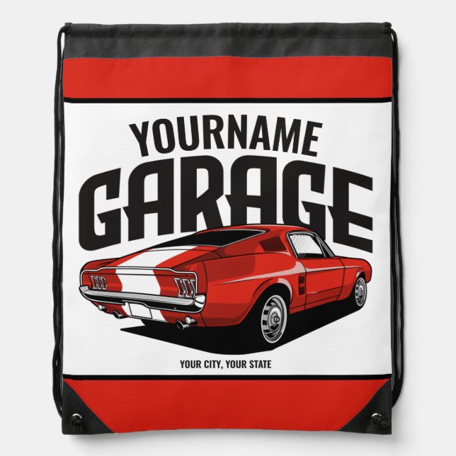 Personalized Muscle Car 1967 Red Fastback Garage  Drawstring Bag (Front)
