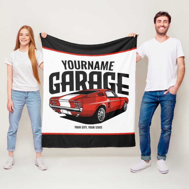 Personalized Muscle Car 1967 Red Fastback Garage Fleece Blanket (In Situ)