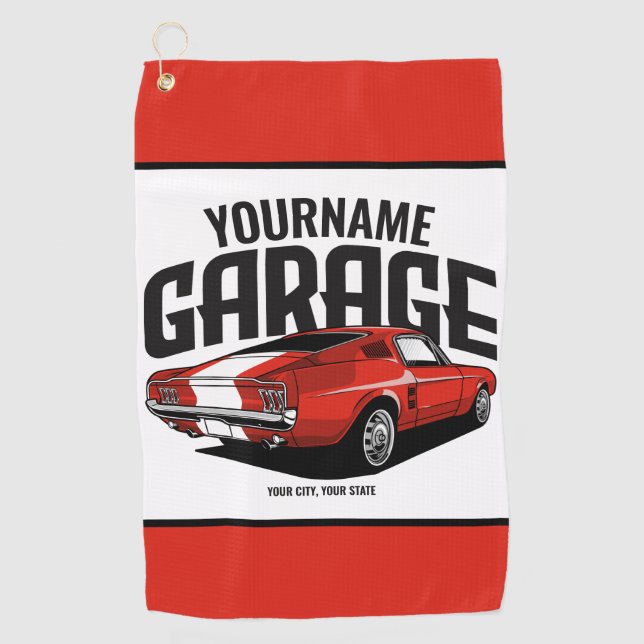 Personalized Muscle Car 1967 Red Fastback Garage  Golf Towel (Front)