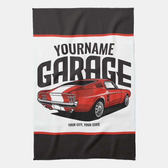 Personalized Muscle Car 1967 Red Fastback Garage  Kitchen Towel (Vertical)