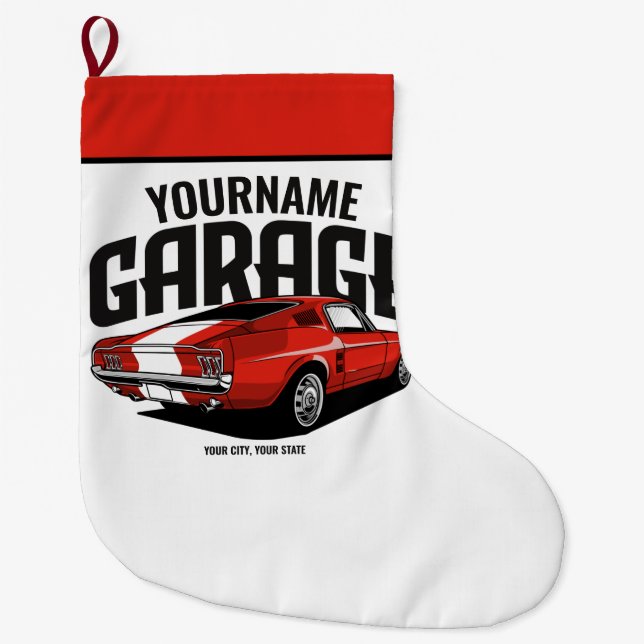 Personalized Muscle Car 1967 Red Fastback Garage  Large Christmas Stocking (Front)