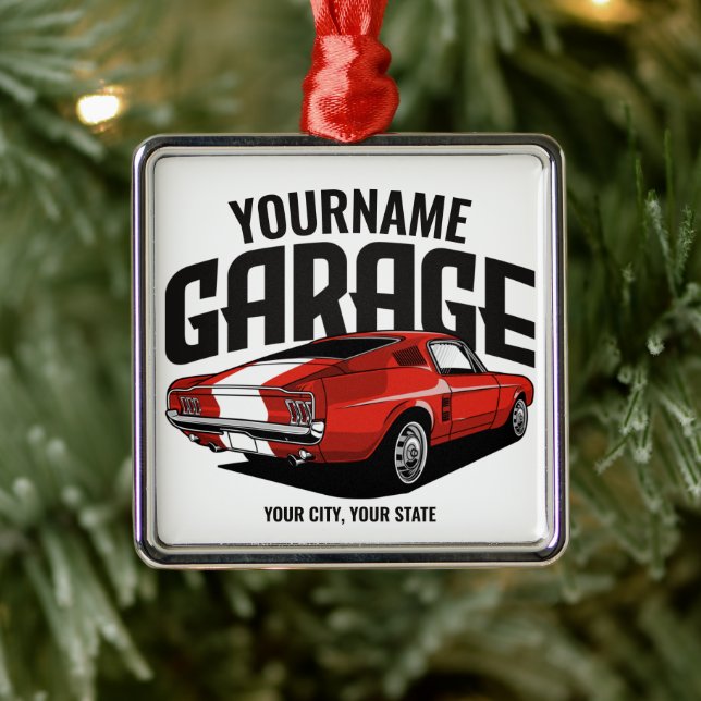 Personalized Muscle Car 1967 Red Fastback Garage  Metal Ornament (Tree)