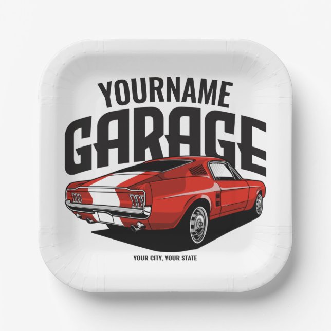 Personalized Muscle Car 1967 Red Fastback Garage Paper Plates (Front)