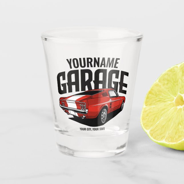 Personalized Muscle Car 1967 Red Fastback Garage Shot Glass (Front)
