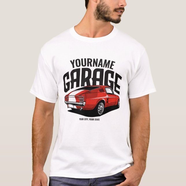 Personalized Muscle Car 1967 Red Fastback Garage T-Shirt (Front)