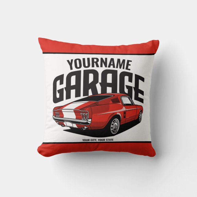 Personalized Muscle Car 1967 Red Fastback Garage Throw Pillow (Front)
