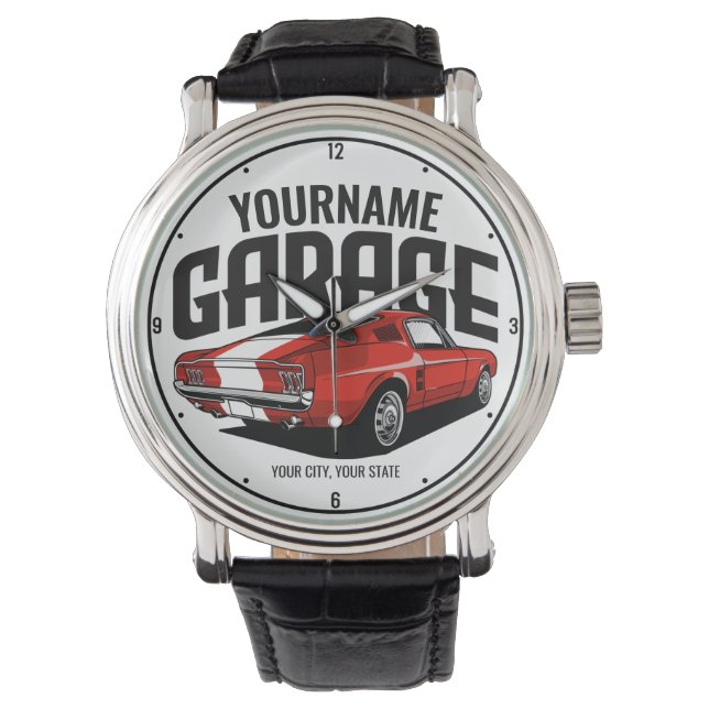 Personalized Muscle Car 1967 Red Fastback Garage Watch (Front)