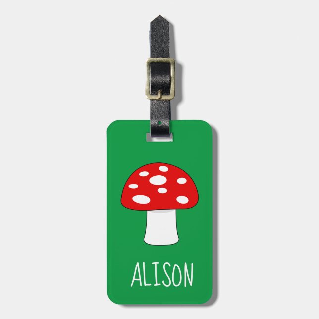 Personalized mushroom travel luggage tag for kids (Front Vertical)