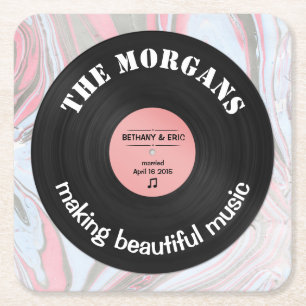 Personalized Music Album Retro Marble Design Square Paper Coaster