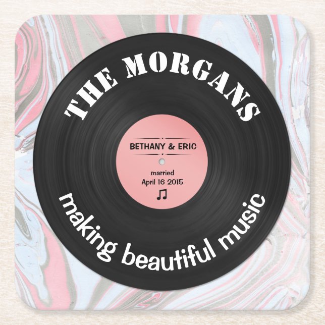 Personalized Music Album Retro Marble Design Square Paper Coaster (Front)