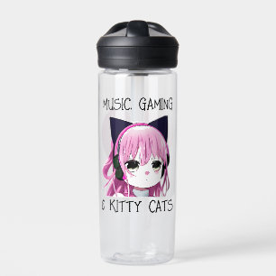 Personalized Music Gaming and Kitty Cat Anime Girl Water Bottle
