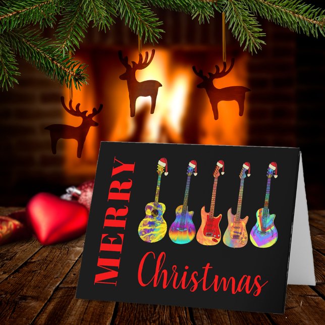 Personalized Music Guitar Santa Merry Christmas Holiday Card (Merry christmas guitar Santa fun personalized folded holiday card)