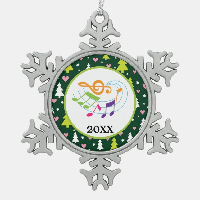 Personalized Music Notes and Staff Choir or Band Snowflake Pewter Christmas Ornament (Front)