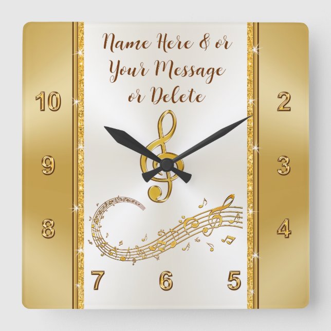 Personalized, Music Notes Clock, Gold and Ivory Square Wall Clock (Front)