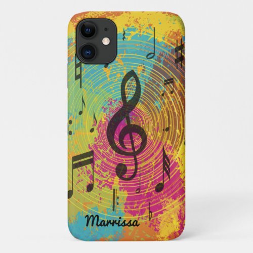 Personalized Music Notes on Explosion of Color iPhone 11 Case