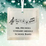 Personalized Music Teacher Musical Notes Christmas Glass Ornament<br><div class="desc">A cool custom music teacher Christmas ornament featuring a musical staff with notes. Order this holiday gift for a musician,  composer,  band or orchestra conductor,  or choir director and personalize with their name.</div>