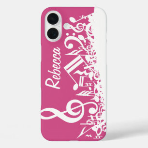 Personalized Musical Notes Hot Pink and White iPhone 16 Plus Case